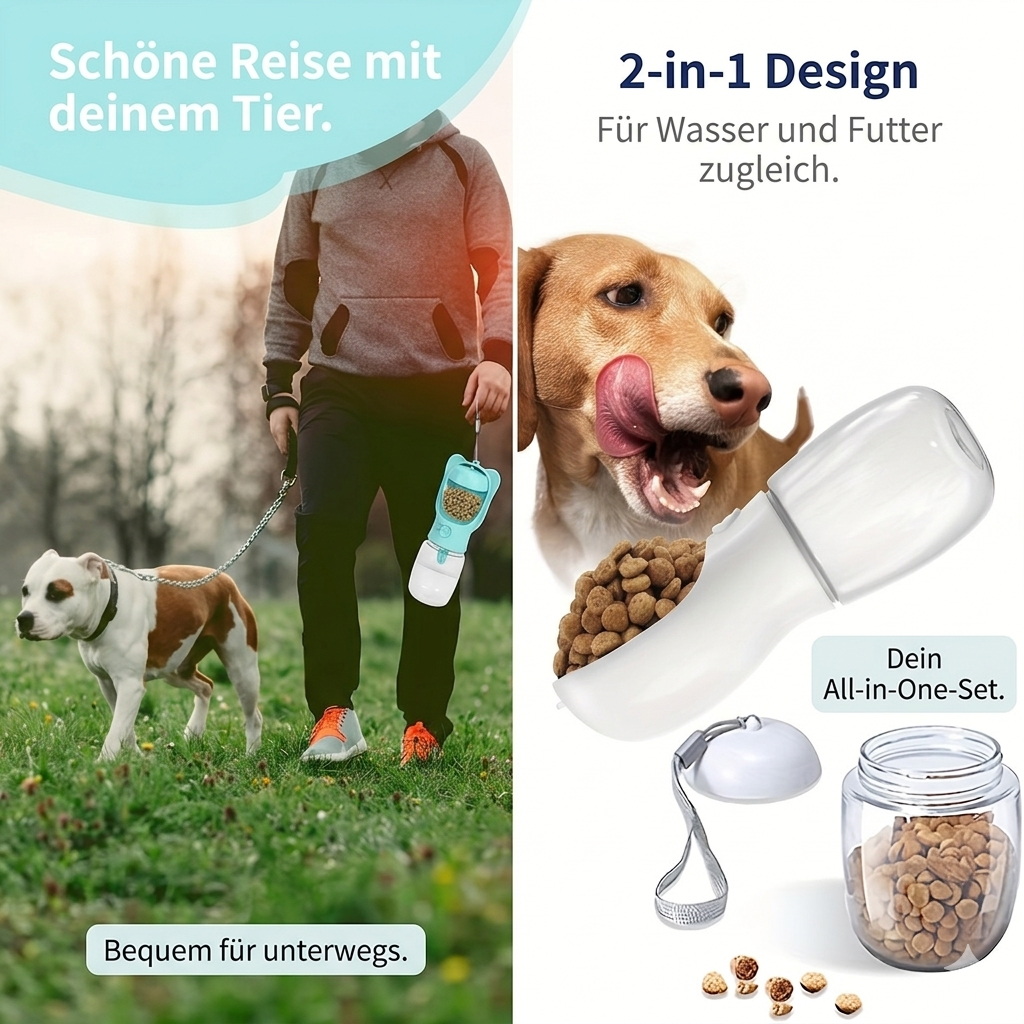 Wuff & Weg™ – Deine 2-in-1 Reiseflasche für glückliche Fellnasen